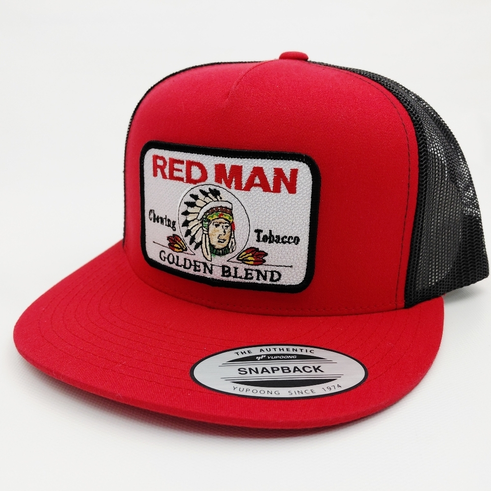 Red Man Tobacco Embroidered Patch Flat Bill  Mesh Snapback Cap Hat